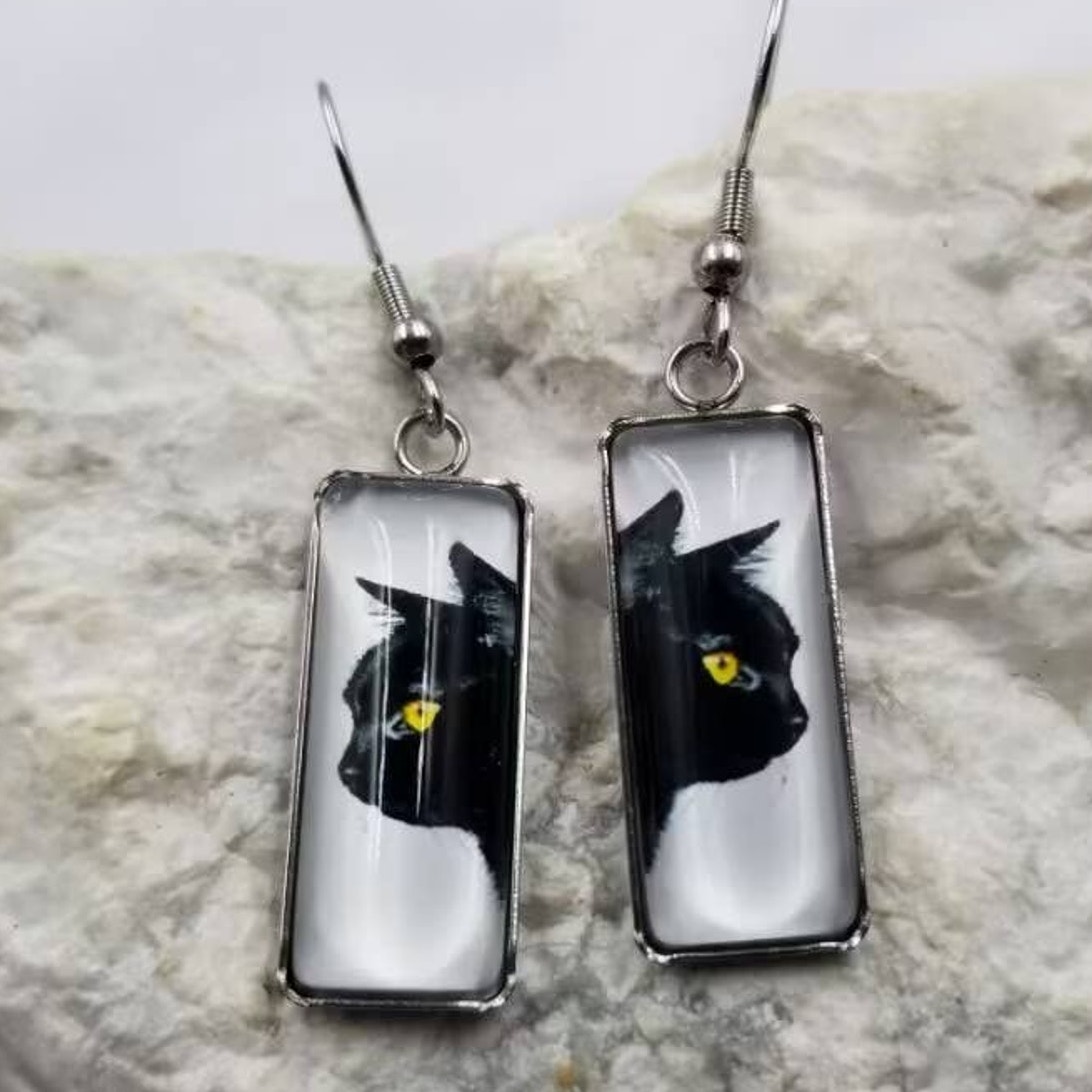 Black Cat Glass Bar Rectangle Dangle Earrings